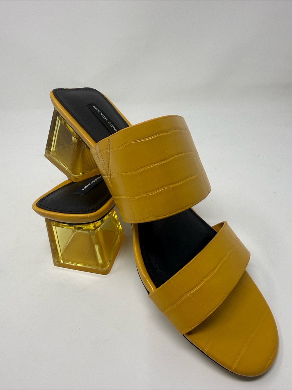French Connection Mustard Croc-Embossed Slides with Clear Block Heel